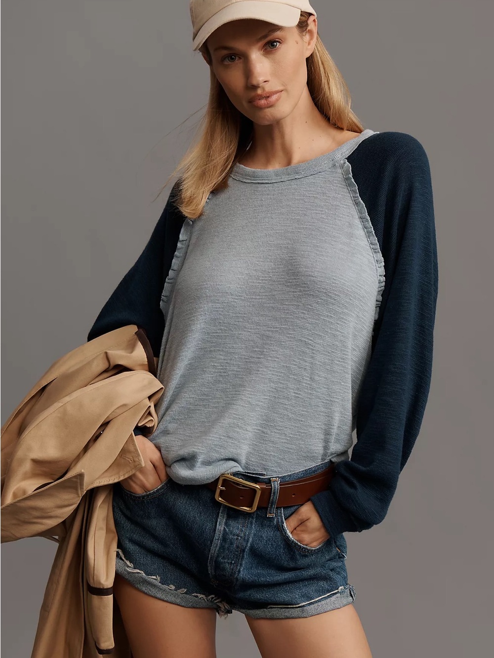 Anthropologie Pilcro Ruffled Raglan Thermal Top XXS Colorblock Relaxed Slouchy